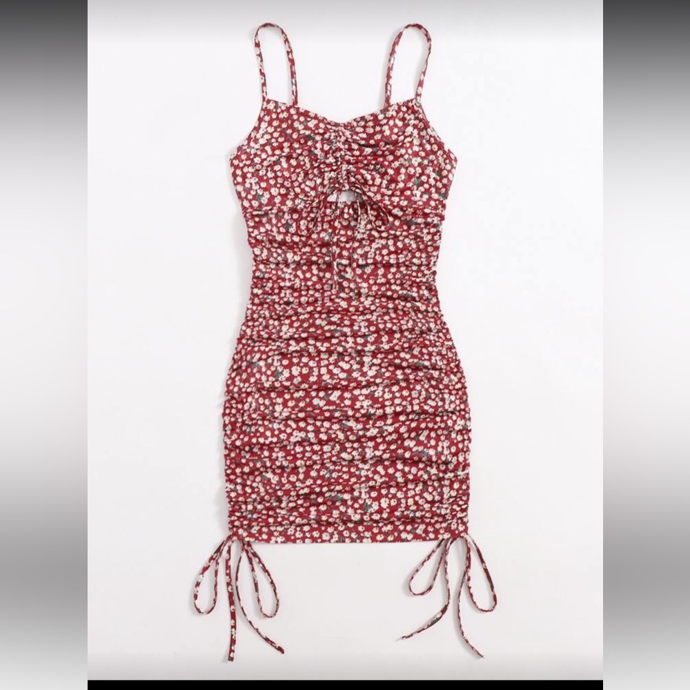 Floral Ruched Red Dress